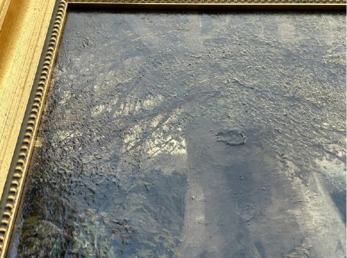 A late 19th-century framed oil painting depicting two small figures walking along a wooded path surrounded by mature trees in an autumn landscape. View IX