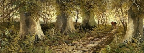 A late 19th-century framed oil painting depicting two small figures walking along a wooded path surrounded by mature trees in an autumn landscape. View XII
