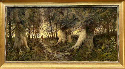 Thomas W Lascelles Signed late 19th Century Antique Original Oil Painting on Canvas Sunset Woodland & Figure