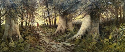A late nineteenth-century horizontal oil painting depicting a solitary figure walking along a sunlit woodland path framed by large ancient trees within a gold leaf frame. View IX