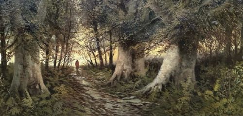 A late nineteenth-century horizontal oil painting depicting a solitary figure walking along a sunlit woodland path framed by large ancient trees within a gold leaf frame. View XIII