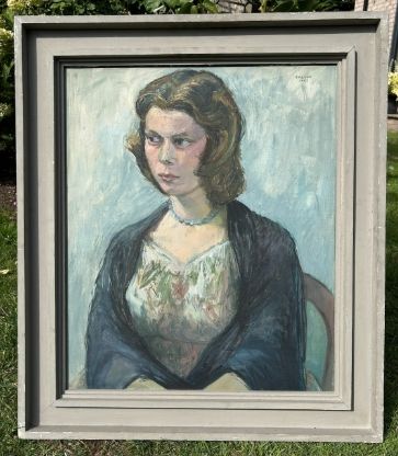 Kenneth Cozens 1957 Signed Original Mid 20th Century Vintage Oil Painting on Canvas Female Portrait Lady Wearing a Blue Necklace
