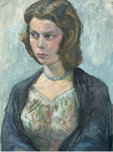 fig 3. A mid-century oil painting on canvas depicting a seated woman wearing a patterned dress, blue necklace, and dark shawl, framed in a grey wooden frame.