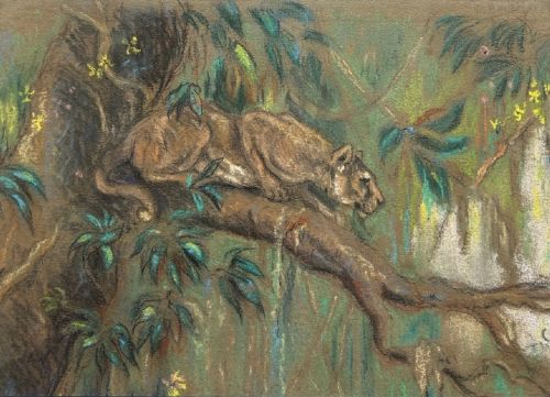 Arthur Wardle Lioness in a Tree Original early 20th Century Antique Pastel Painting Signed with Initials