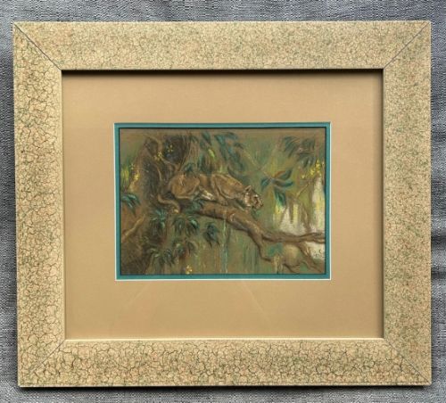 fig 1. Arthur Wardle Lioness in a Tree Original early 20th Century Antique Pastel Painting Signed with Initials