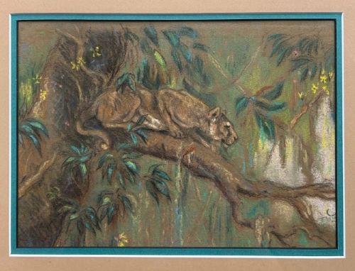 Arthur Wardle Lioness in a Tree Original early 20th Century Antique Pastel Painting Signed with Initials View IV