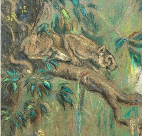 Arthur Wardle Lioness in a Tree Original early 20th Century Antique Pastel Painting Signed with Initials View V