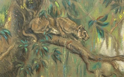 Arthur Wardle Lioness in a Tree Original early 20th Century Antique Pastel Painting Signed with Initials View VII