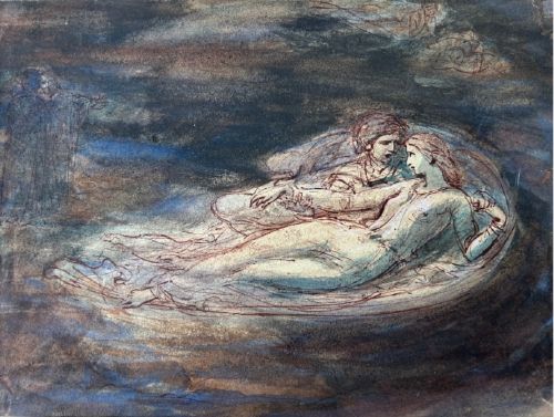 Antique 19th Century Pre-raphaelite Ink & Wash Original Watercolour Painting Sketch 'Paolo & Francesca Dante'