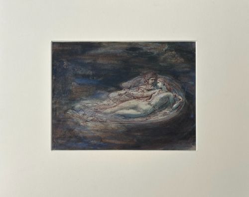 fig 1. A nineteenth-century ink and watercolour wash sketch depicting two embracing figures floating within a swirling cloud motif, inspired by Dantes Paolo and Francesca.