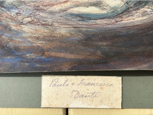 fig 2. A nineteenth-century ink and watercolour wash sketch depicting two embracing figures floating within a swirling cloud motif, inspired by Dantes Paolo and Francesca.