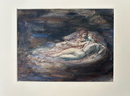 fig 3. A nineteenth-century ink and watercolour wash sketch depicting two embracing figures floating within a swirling cloud motif, inspired by Dantes Paolo and Francesca.