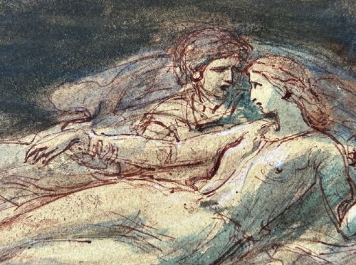 fig 4. A nineteenth-century ink and watercolour wash sketch depicting two embracing figures floating within a swirling cloud motif, inspired by Dantes Paolo and Francesca.