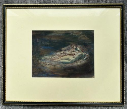 fig 5. A nineteenth-century ink and watercolour wash sketch depicting two embracing figures floating within a swirling cloud motif, inspired by Dantes Paolo and Francesca.