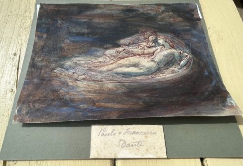 A nineteenth-century ink and watercolour wash sketch depicting two embracing figures floating within a swirling cloud motif, inspired by Dantes Paolo and Francesca. View VII