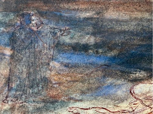 A nineteenth-century ink and watercolour wash sketch depicting two embracing figures floating within a swirling cloud motif, inspired by Dantes Paolo and Francesca. View VIII