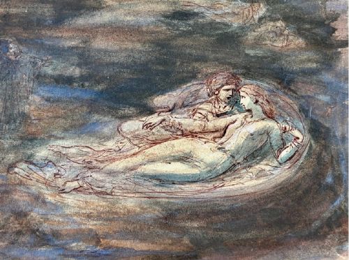 A nineteenth-century ink and watercolour wash sketch depicting two embracing figures floating within a swirling cloud motif, inspired by Dantes Paolo and Francesca. View IX
