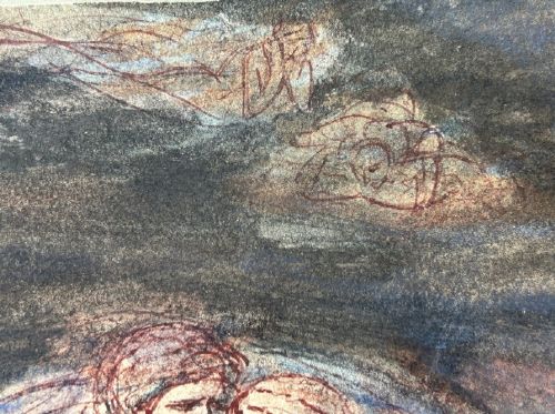 A nineteenth-century ink and watercolour wash sketch depicting two embracing figures floating within a swirling cloud motif, inspired by Dantes Paolo and Francesca. View X