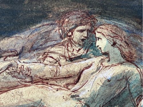 A nineteenth-century ink and watercolour wash sketch depicting two embracing figures floating within a swirling cloud motif, inspired by Dantes Paolo and Francesca. View XI
