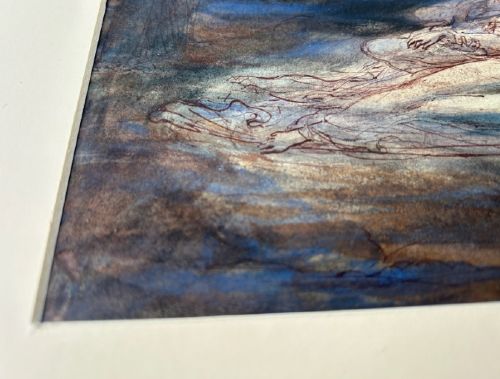 A nineteenth-century ink and watercolour wash sketch depicting two embracing figures floating within a swirling cloud motif, inspired by Dantes Paolo and Francesca. View XII