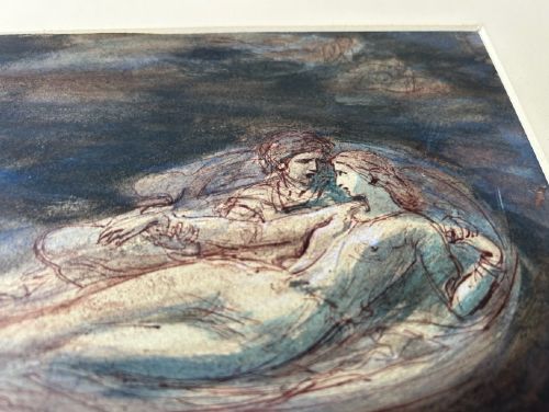 A nineteenth-century ink and watercolour wash sketch depicting two embracing figures floating within a swirling cloud motif, inspired by Dantes Paolo and Francesca. View XIII