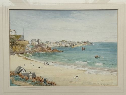 fig 1. A framed 19th-century watercolour painting depicting a sandy beach and calm blue sea in St Ives Harbour, enclosed in a ornate gold gilt frame.