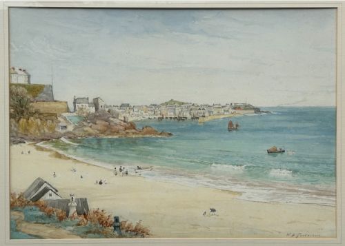 fig 3. A framed 19th-century watercolour painting depicting a sandy beach and calm blue sea in St Ives Harbour, enclosed in a ornate gold gilt frame.