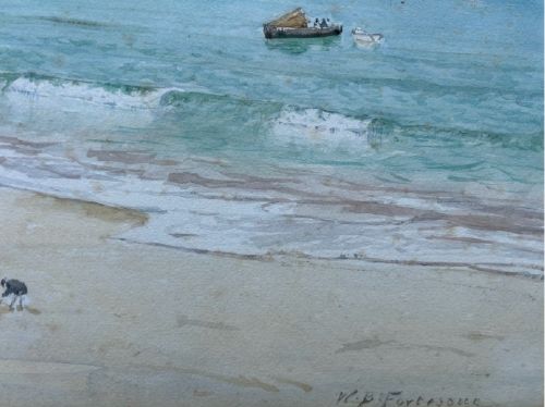 A framed 19th-century watercolour painting depicting a sandy beach and calm blue sea in St Ives Harbour, enclosed in a ornate gold gilt frame. View IV
