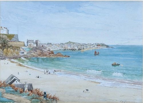 A framed 19th-century watercolour painting depicting a sandy beach and calm blue sea in St Ives Harbour, enclosed in a ornate gold gilt frame. View VI