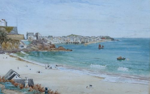 A framed 19th-century watercolour painting depicting a sandy beach and calm blue sea in St Ives Harbour, enclosed in a ornate gold gilt frame. View VII