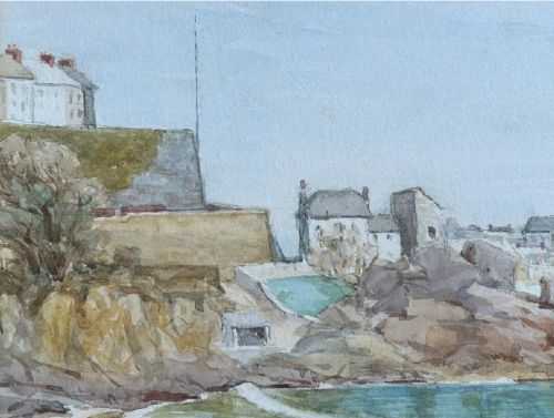 A framed 19th-century watercolour painting depicting a sandy beach and calm blue sea in St Ives Harbour, enclosed in a ornate gold gilt frame. View VIII