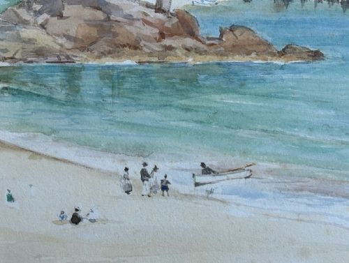 A framed 19th-century watercolour painting depicting a sandy beach and calm blue sea in St Ives Harbour, enclosed in a ornate gold gilt frame. View IX