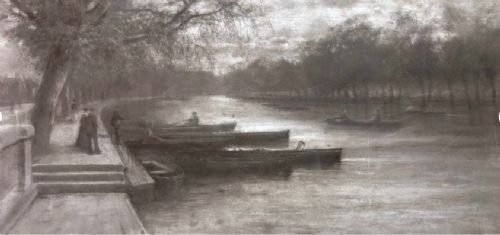 Original British Antique Charcoal Painting Drawing Bedford Embankment C.1900 Grimshaw/whistler Influence English Landscape