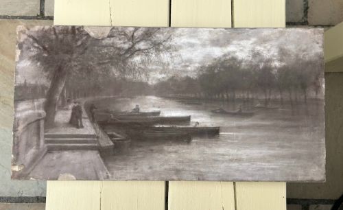 fig 1. A monochrome charcoal drawing depicting a serene river embankment with moored boats, promenade trees, and strolling figures.