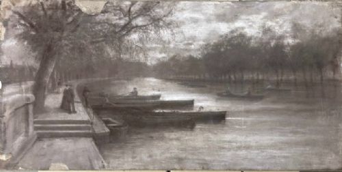 fig 2. A monochrome charcoal drawing depicting a serene river embankment with moored boats, promenade trees, and strolling figures.