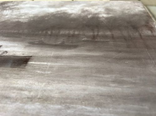 fig 4. A monochrome charcoal drawing depicting a serene river embankment with moored boats, promenade trees, and strolling figures.