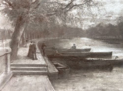 A monochrome charcoal drawing depicting a serene river embankment with moored boats, promenade trees, and strolling figures. View VII