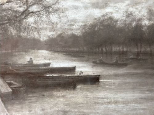 A monochrome charcoal drawing depicting a serene river embankment with moored boats, promenade trees, and strolling figures. View VIII