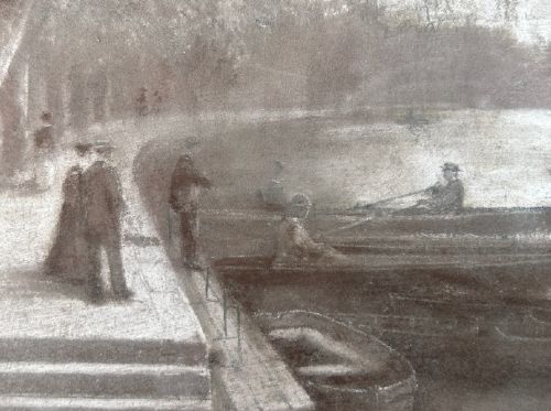 A monochrome charcoal drawing depicting a serene river embankment with moored boats, promenade trees, and strolling figures. View IX