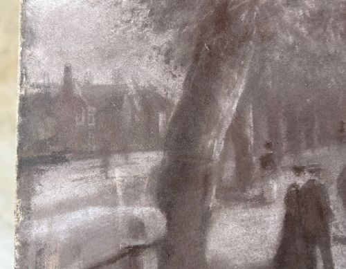 A monochrome charcoal drawing depicting a serene river embankment with moored boats, promenade trees, and strolling figures. View X