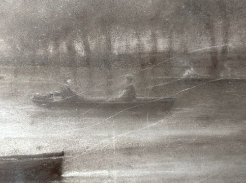A monochrome charcoal drawing depicting a serene river embankment with moored boats, promenade trees, and strolling figures. View XI