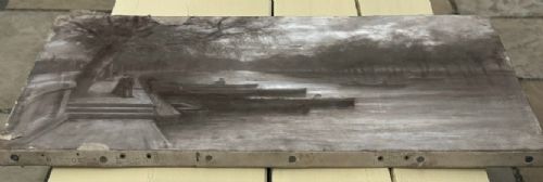A monochrome charcoal drawing depicting a serene river embankment with moored boats, promenade trees, and strolling figures. View XII