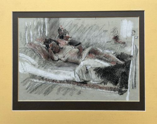 fig 1. A mid-century pastel drawing on grey paper depicting a reclining female figure resting on a bed.