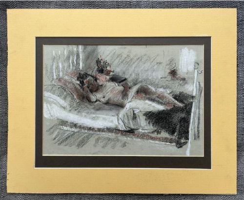 A mid-century pastel drawing on grey paper depicting a reclining female figure resting on a bed. View IV