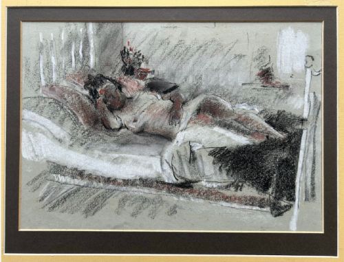 A mid-century pastel drawing on grey paper depicting a reclining female figure resting on a bed. View V