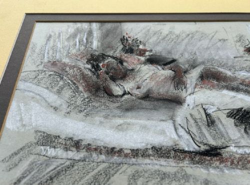 A mid-century pastel drawing on grey paper depicting a reclining female figure resting on a bed. View VI