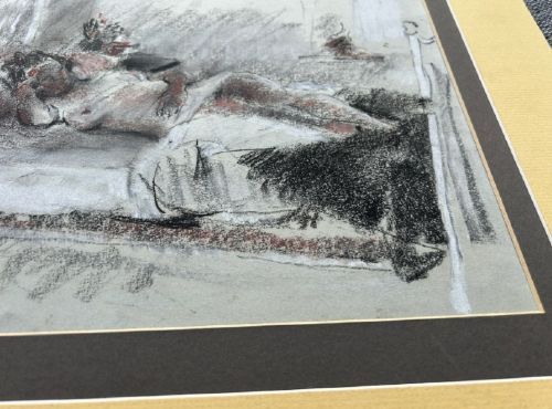 A mid-century pastel drawing on grey paper depicting a reclining female figure resting on a bed. View VII