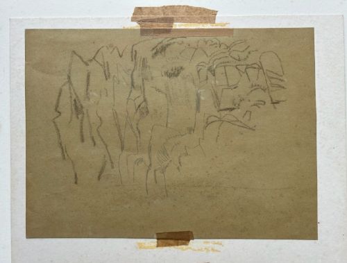 A mid-century pastel drawing on grey paper depicting a reclining female figure resting on a bed. View X