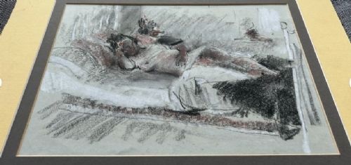 A mid-century pastel drawing on grey paper depicting a reclining female figure resting on a bed. View XI