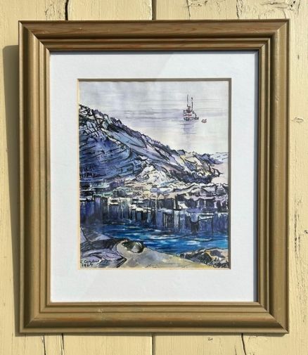 Kenneth Cozens 1967 Signed Original Mid 20th Century Ink and Watercolour Framed Painting Waiting Ship Staffa